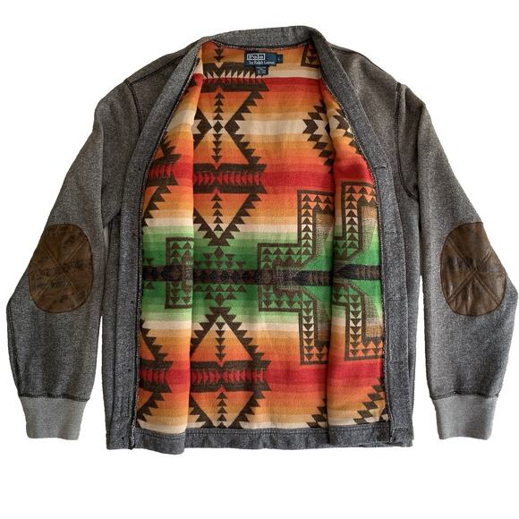 POLO RALPH LAUREN Mackinaw Cardigan Large Grey Southwest Aztec Elbow Patch EUC - Picture 1 of 11